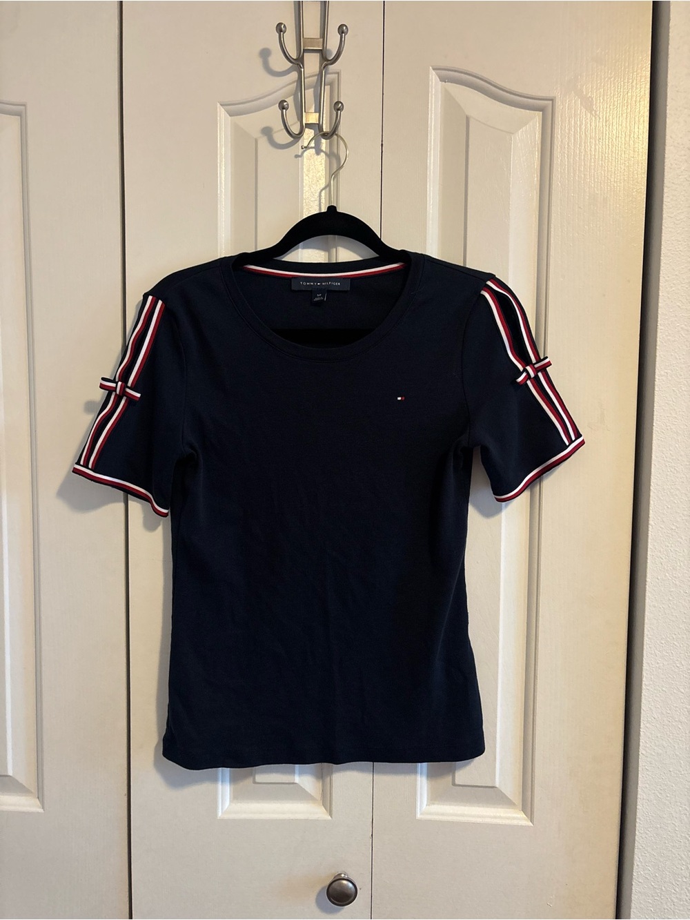 Tommy Hilfiger Navy Short Sleeve Tee with Red & White Sleeve Stripes